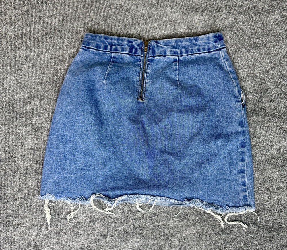 Forever 21 Skirt Womens S Blue Denim Pencil Short Frayed Hem Zip Pockets Casual